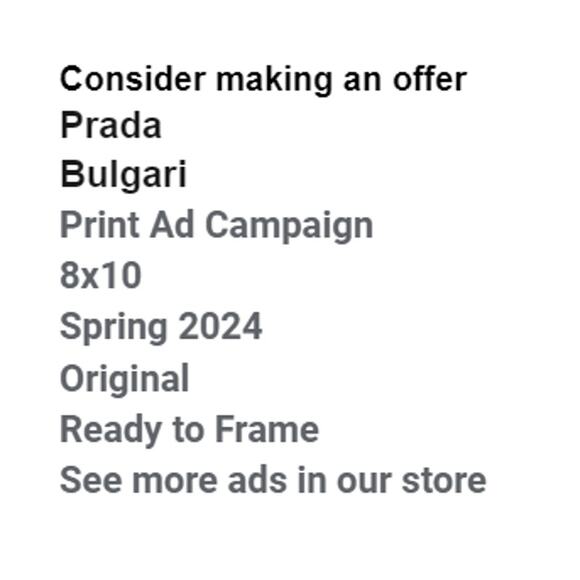 Prada and Bulgari Print Ad Campaign Spring 2024 8x10 Frame Ready Original - Picture 2 of 4